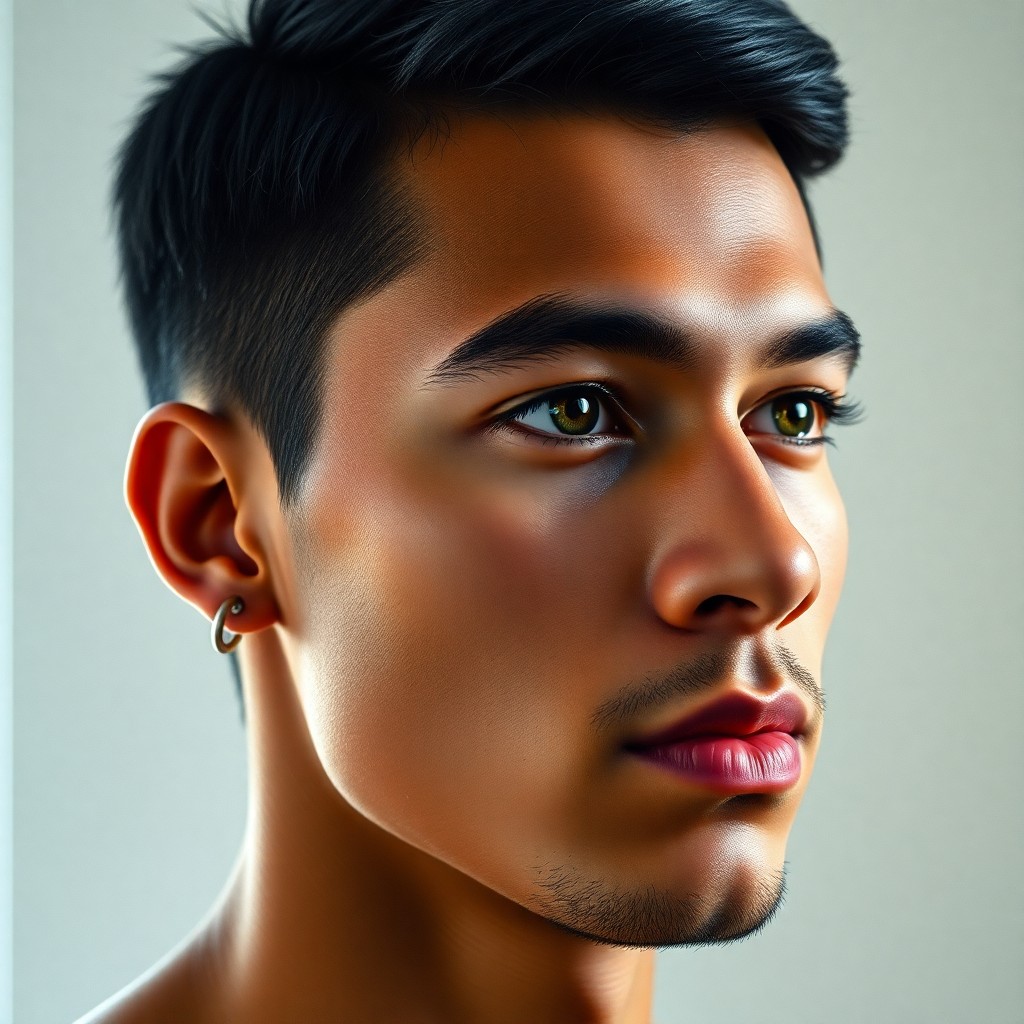 AI generated art for prompt: Create a hyper-realistic portrait of a young Latin American man with defined features, tanned skin, 