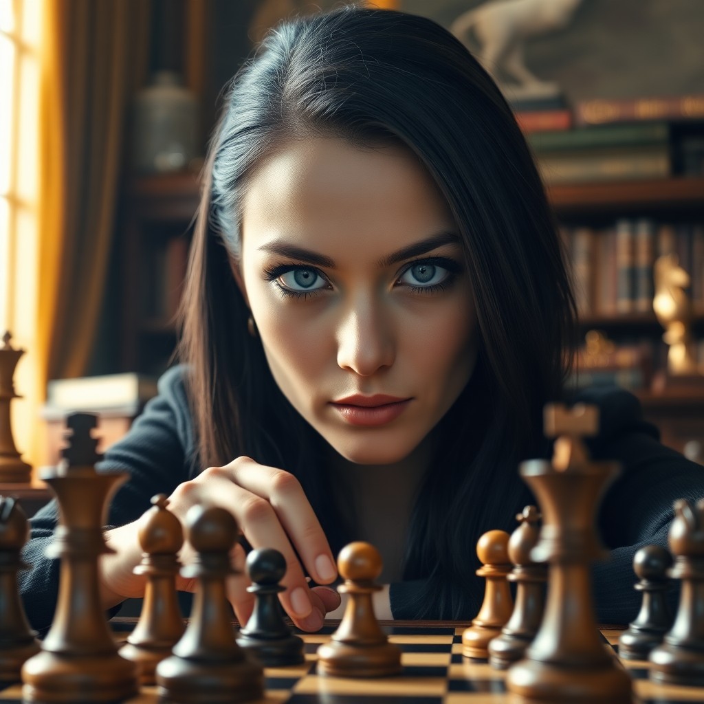 AI generated art for prompt: Imagine a film camera capturing an intense portrait of a female chess grandmaster. Her piercing blue