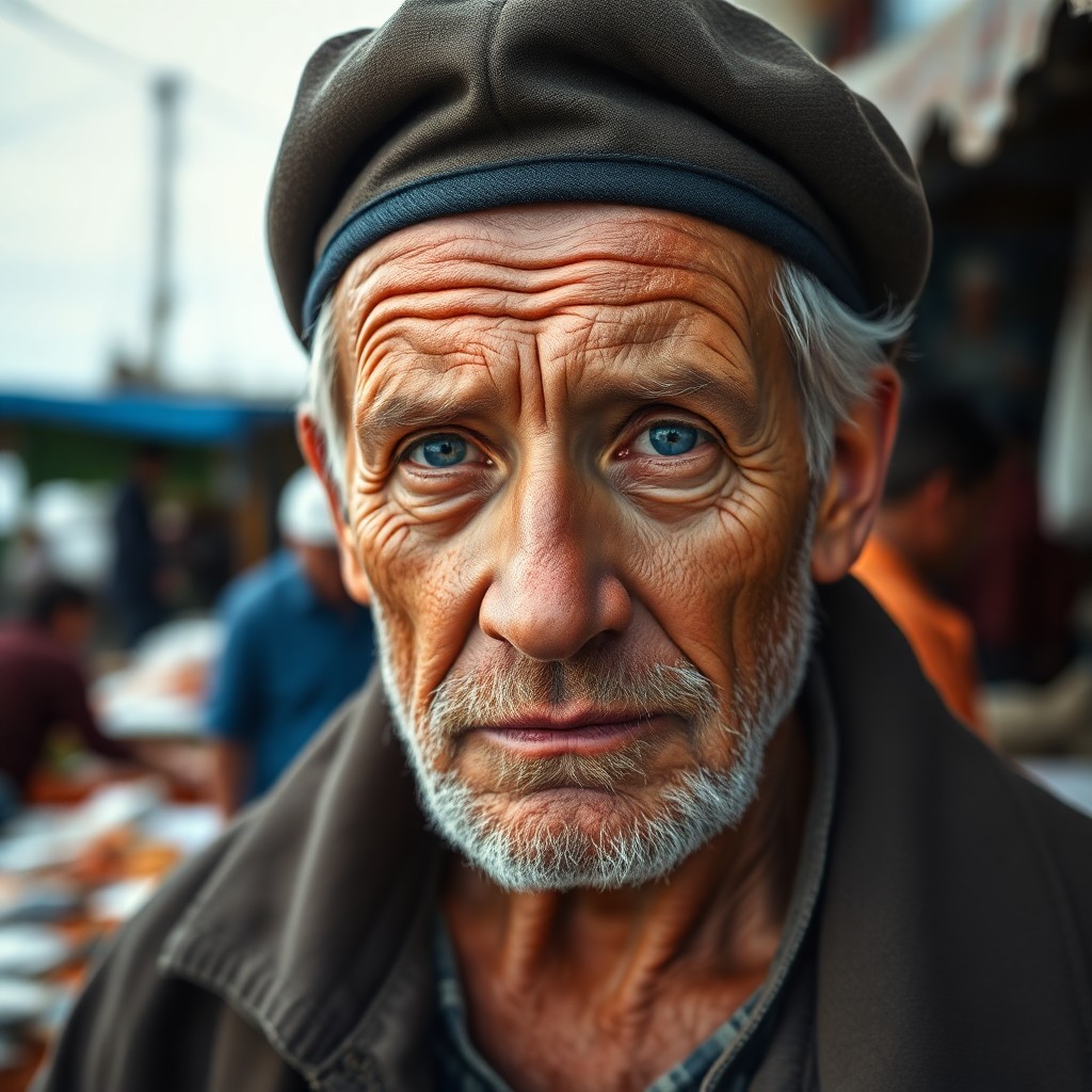 AI generated art for prompt: Envision a hyper-realistic portrait of an aged sailor, his weathered visage bearing deep creases fro