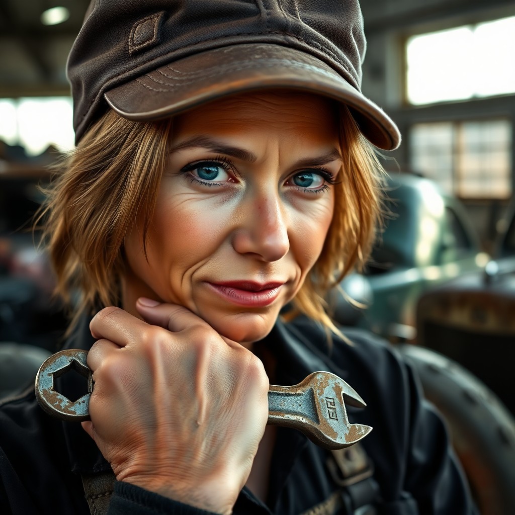 AI generated art for prompt: A skilled mechanic's portrait reveals sun-kissed hair peeking beneath a worn leather cap, showcasing