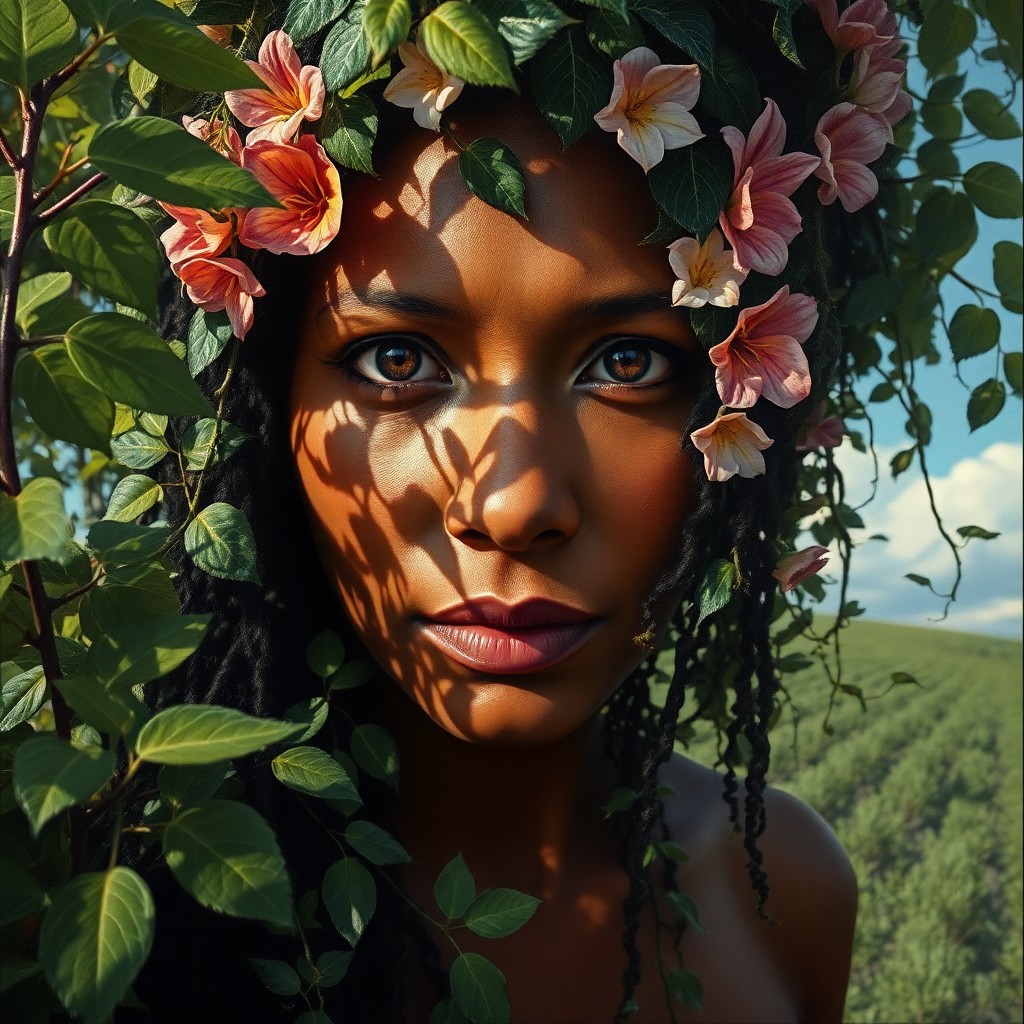 AI generated art for prompt: Craft a surrealistic oil painting portraying an Aboriginal woman's photorealistic portrait, her face