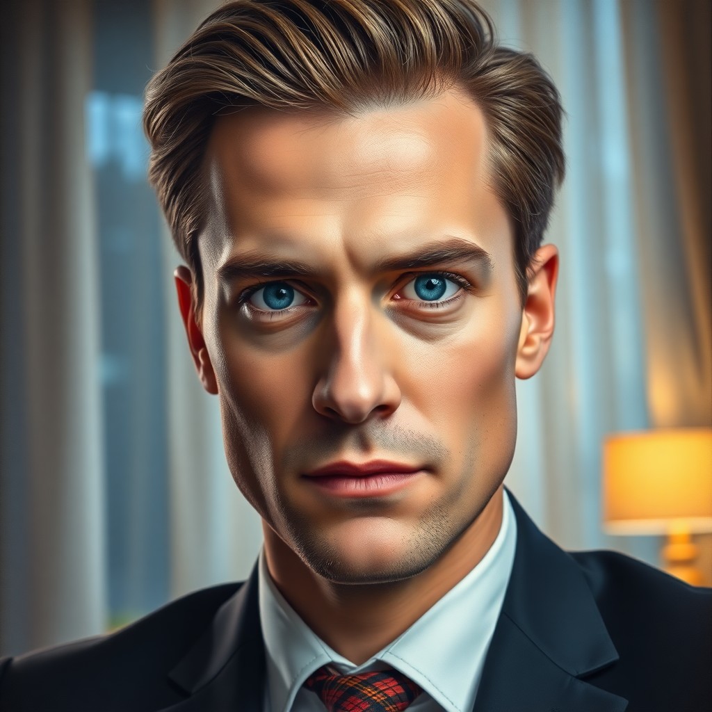 AI generated art for prompt: Imagine a captivating portrait of a 35-year-old male executive with distinct features and intense bl