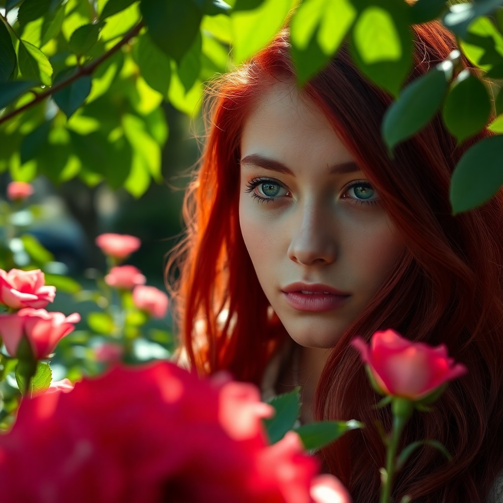 AI generated art for prompt: A young Andean woman with vibrant red hair sits pensively in a serene garden, her cascading locks fr