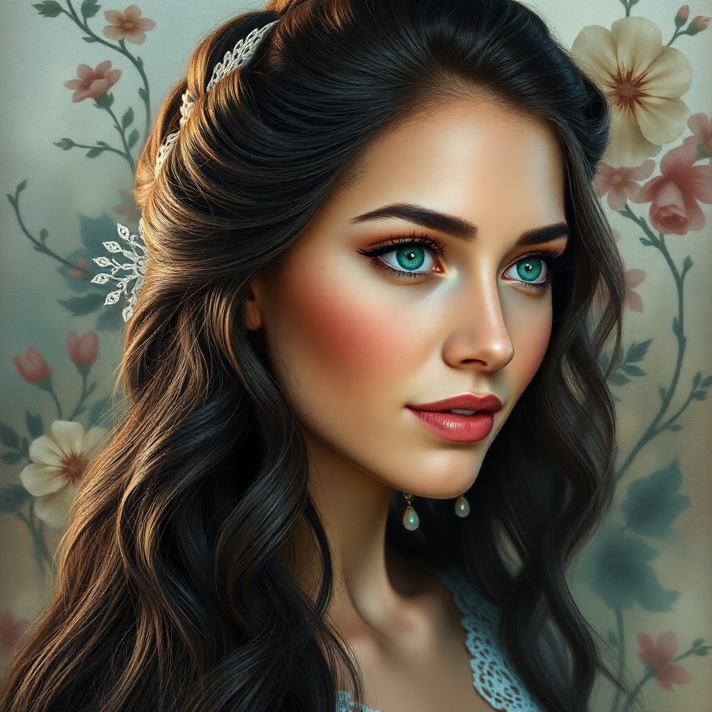 AI generated art for prompt: A super-realistic portrait captures the enigmatic allure of a Slavic woman with captivating emerald 