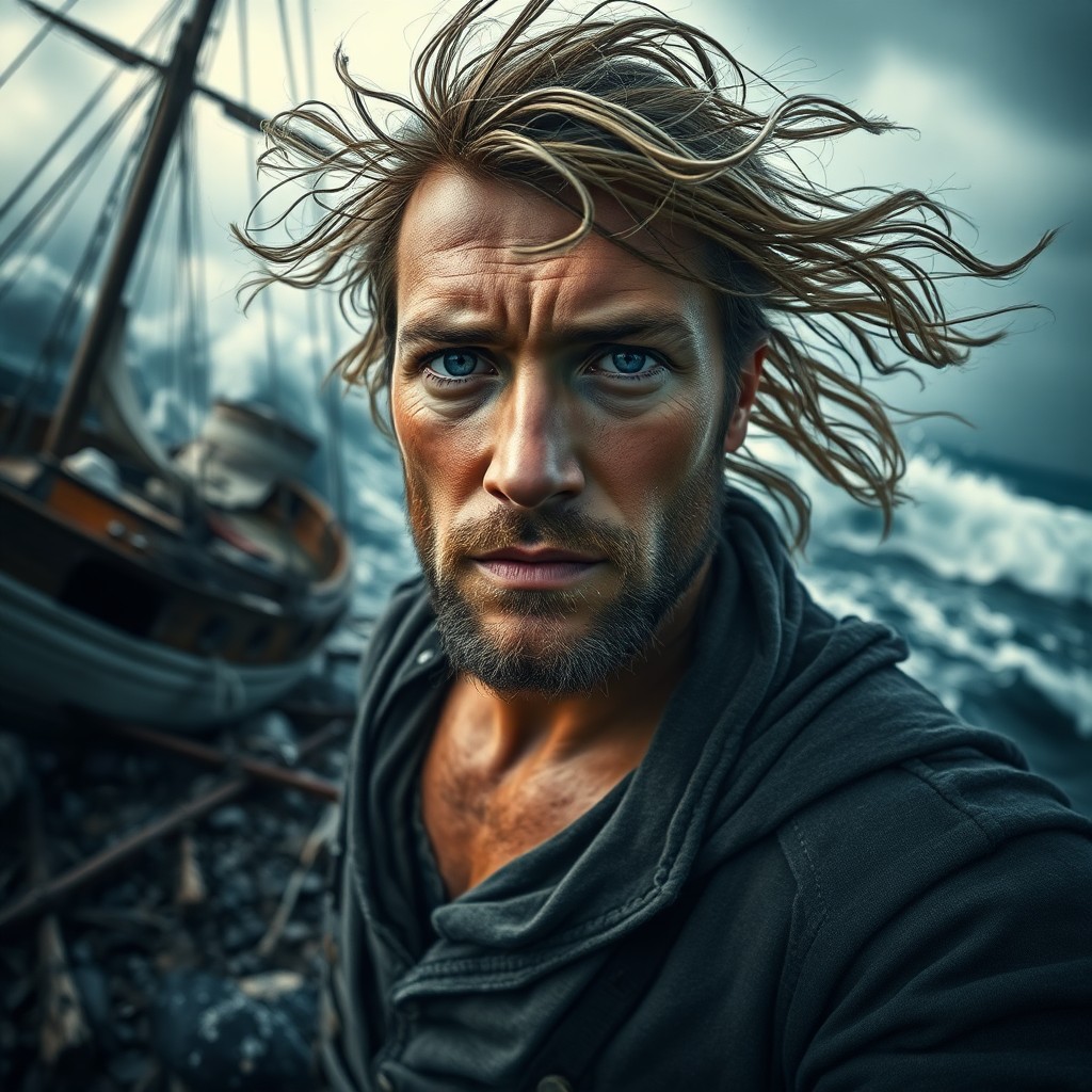 AI generated art for prompt: Envision a hyper-realistic portrait of a weathered sailor with rugged features, sun-kissed skin, and