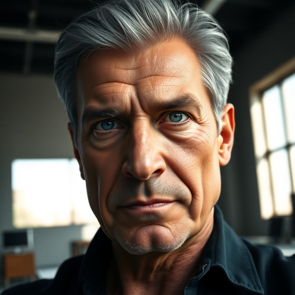 AI generated art for prompt: Craft a hyperrealistic portrait of a middle-aged Hispanic man with warm blue eyes, rugged features, 