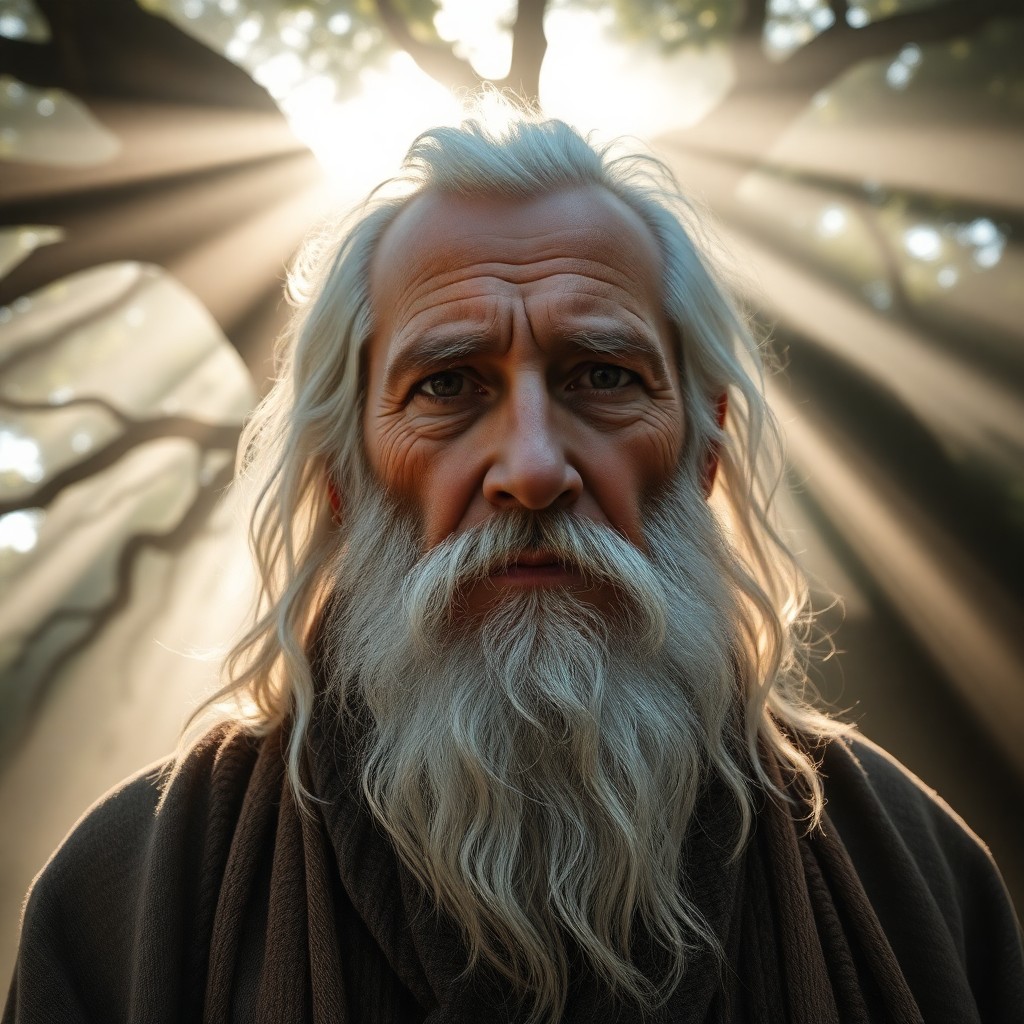 AI generated art for prompt: Create a photorealistic portrait of an elderly sage with long white beard and deep-set eyes, capturi