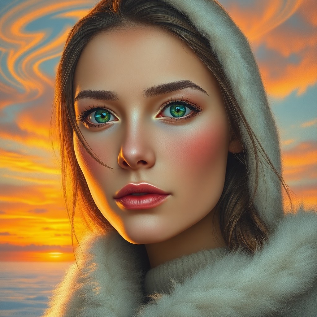 AI generated art for prompt: Craft a hyperrealistic oil painting portrait of an Inuit woman with mesmerizing emerald eyes and sof