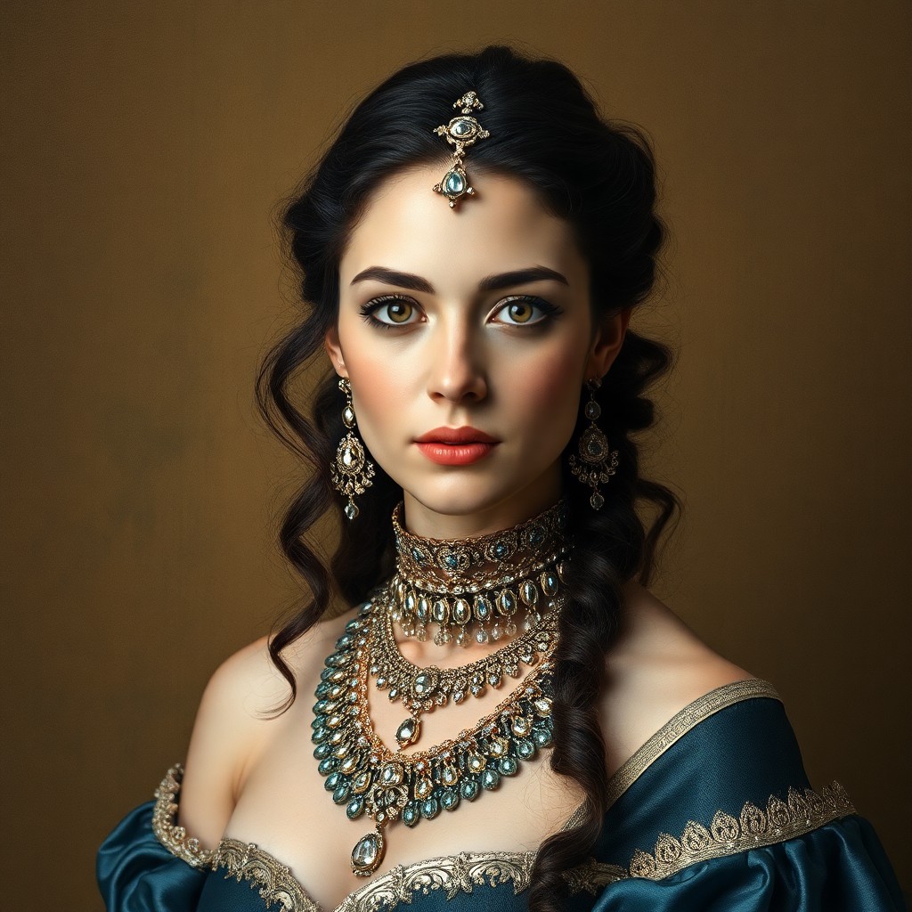 AI generated art for prompt: Craft a Renaissance-inspired portrait with a captivating female subject adorned in intricate jewelry