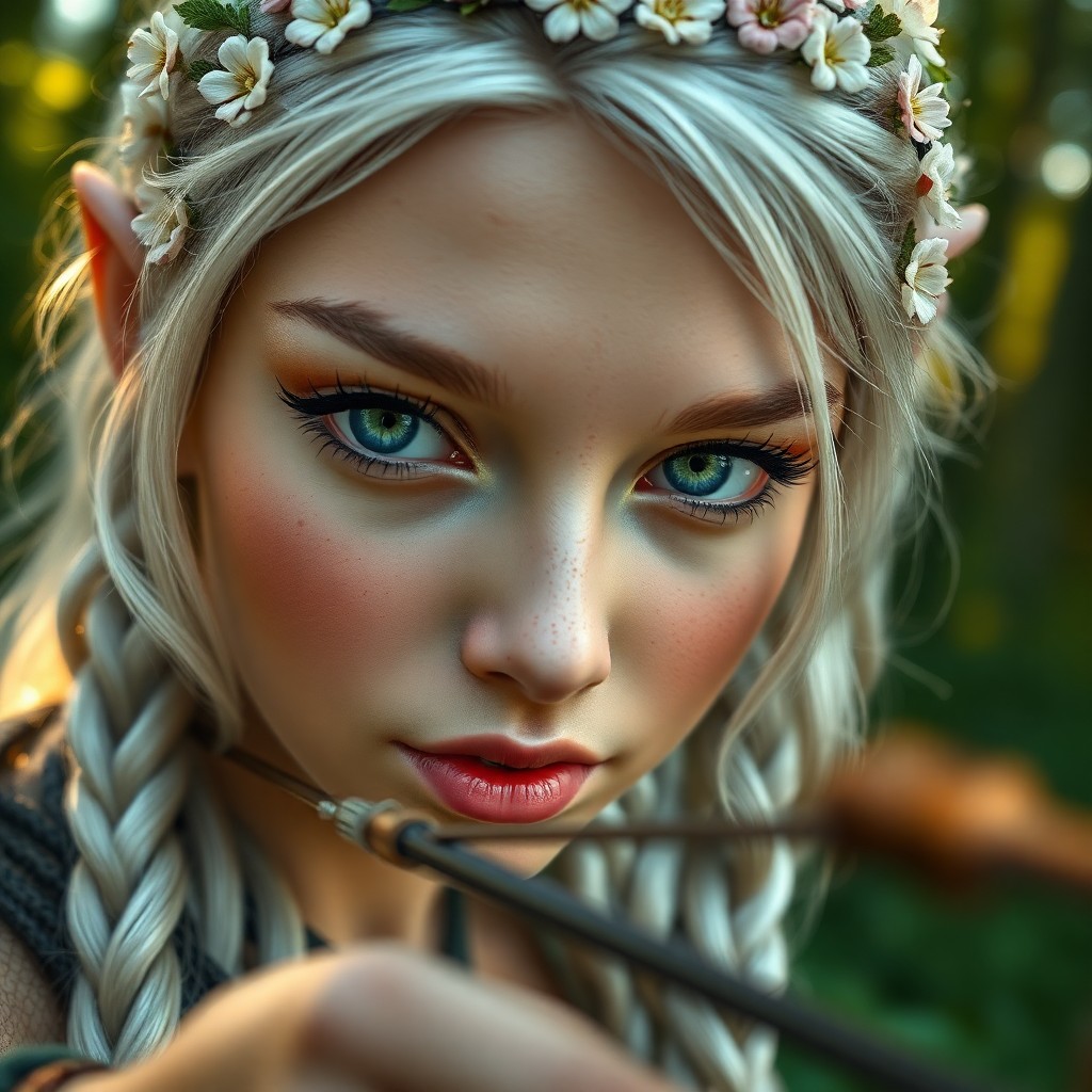 AI generated art for prompt: A captivating portrait photo reveals an Elven archer's enigmatic allure from a unique bug's-eye pers