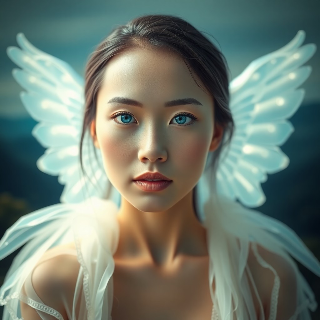 AI generated art for prompt: Create a surreal photorealistic portrait of a serene Central Asian woman with porcelain skin and vib