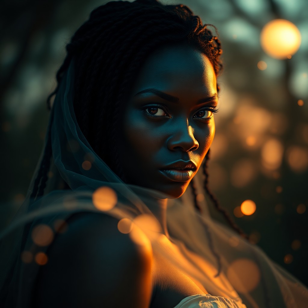 AI generated art for prompt: A serene yet enigmatic portrait showcases a mysterious African woman, her alabaster skin glowing ami