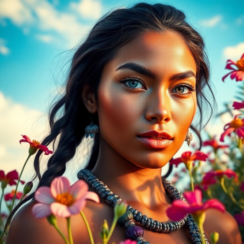 AI generated art for prompt: Craft a super-realistic portrait by a master artist of a captivating Polynesian woman with enchantin