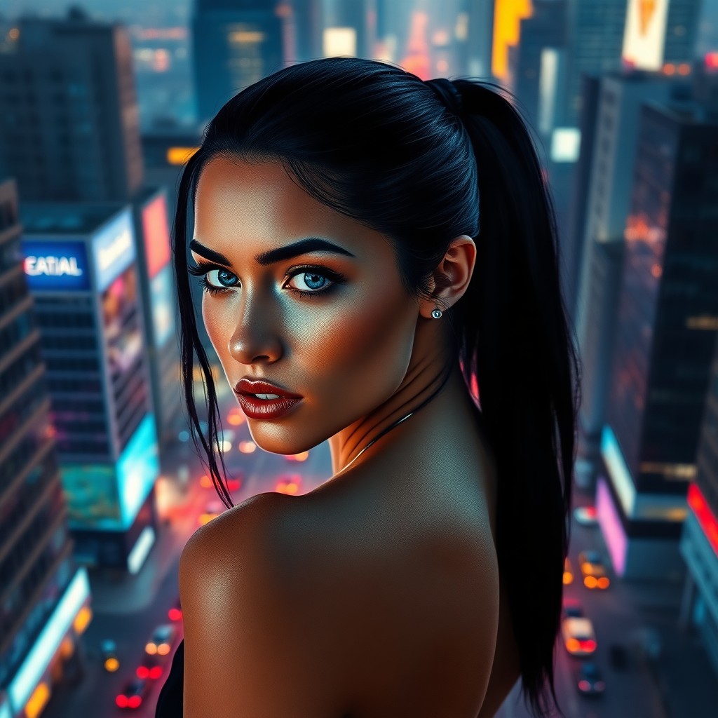 AI generated art for prompt: Envision an ultrarealistic portrait of a captivating Hispanic woman with soft blue eyes and sleek ra