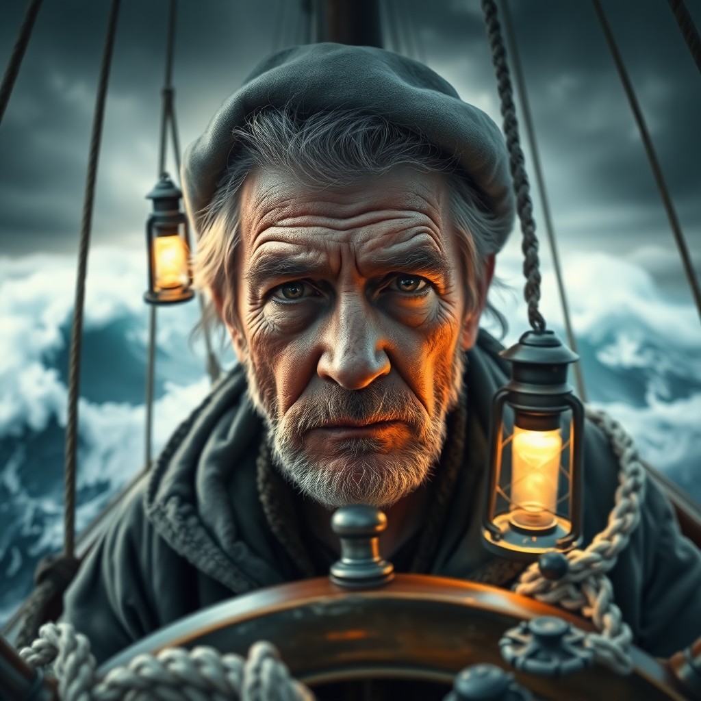 AI generated art for prompt: A highly detailed photorealistic portrait showcases an experienced sailor with rugged features and p