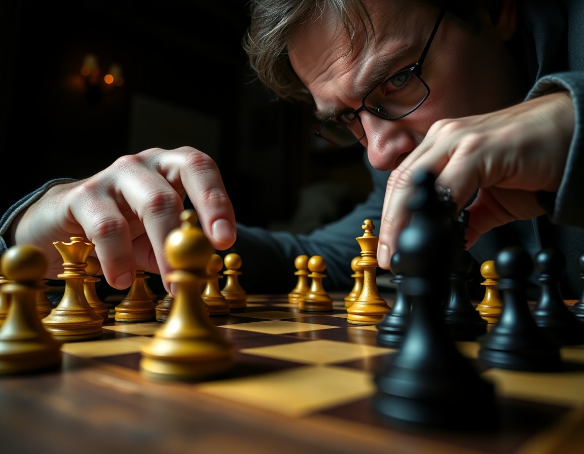 AI generated art for prompt: A DSLR captures an intense chess grandmaster, their fingers gracefully guiding elegant pieces across