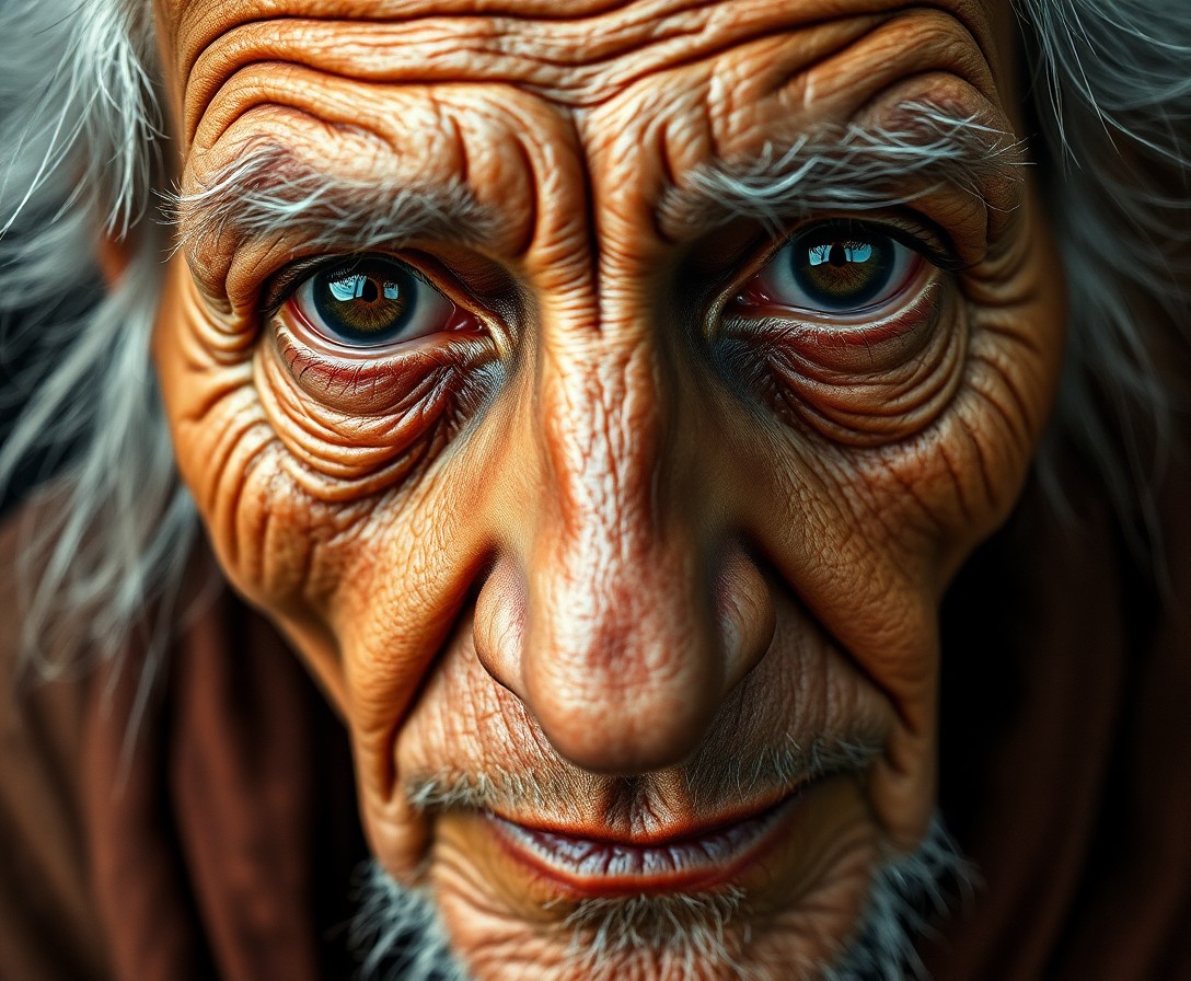 AI generated art for prompt: Craft a hyper-realistic portrait showcasing an aged sage from a captivating bird's-eye perspective. 