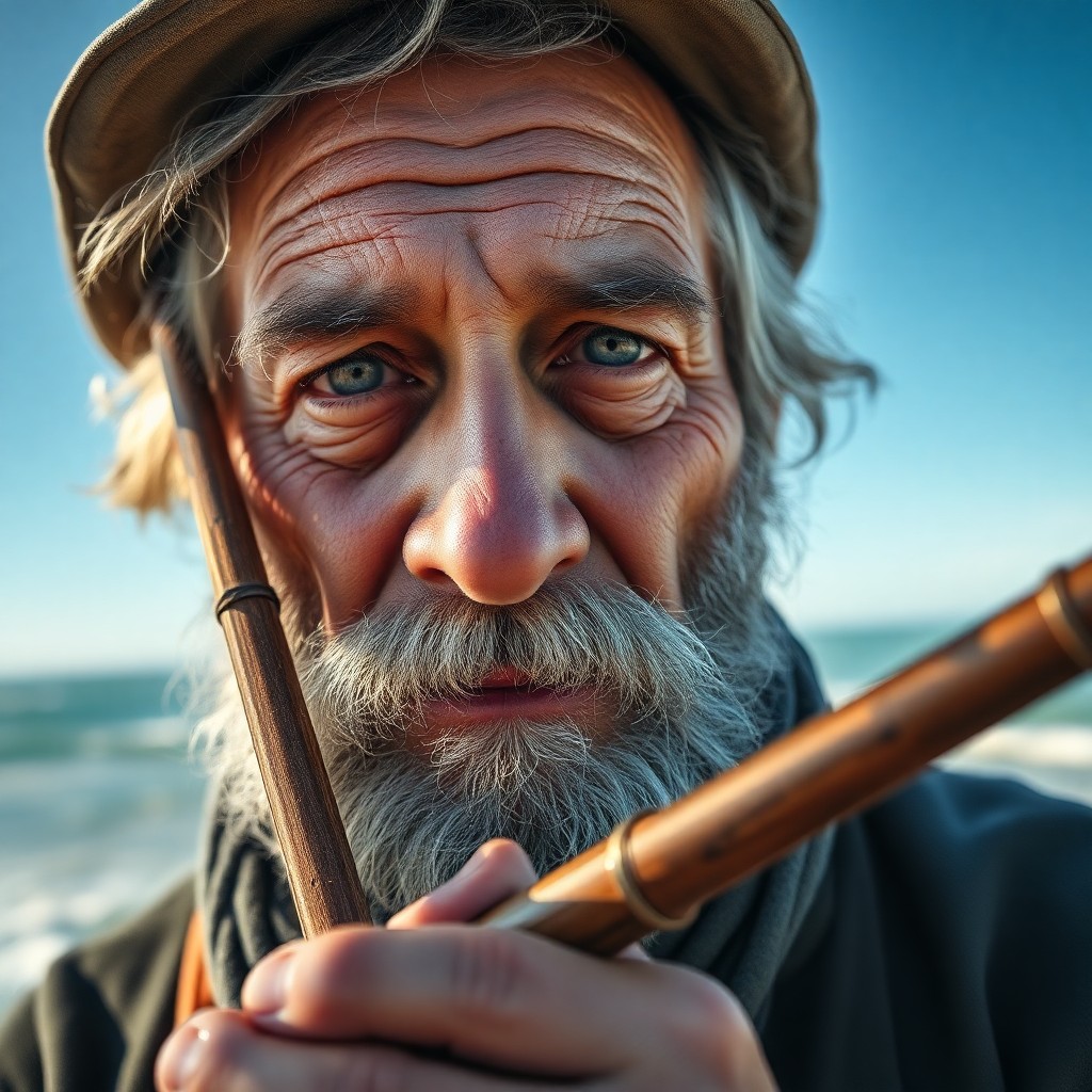 AI generated art for prompt: Create an ultra-detailed portrait of a seasoned fisherman with a salt-and-pepper beard and skin weat