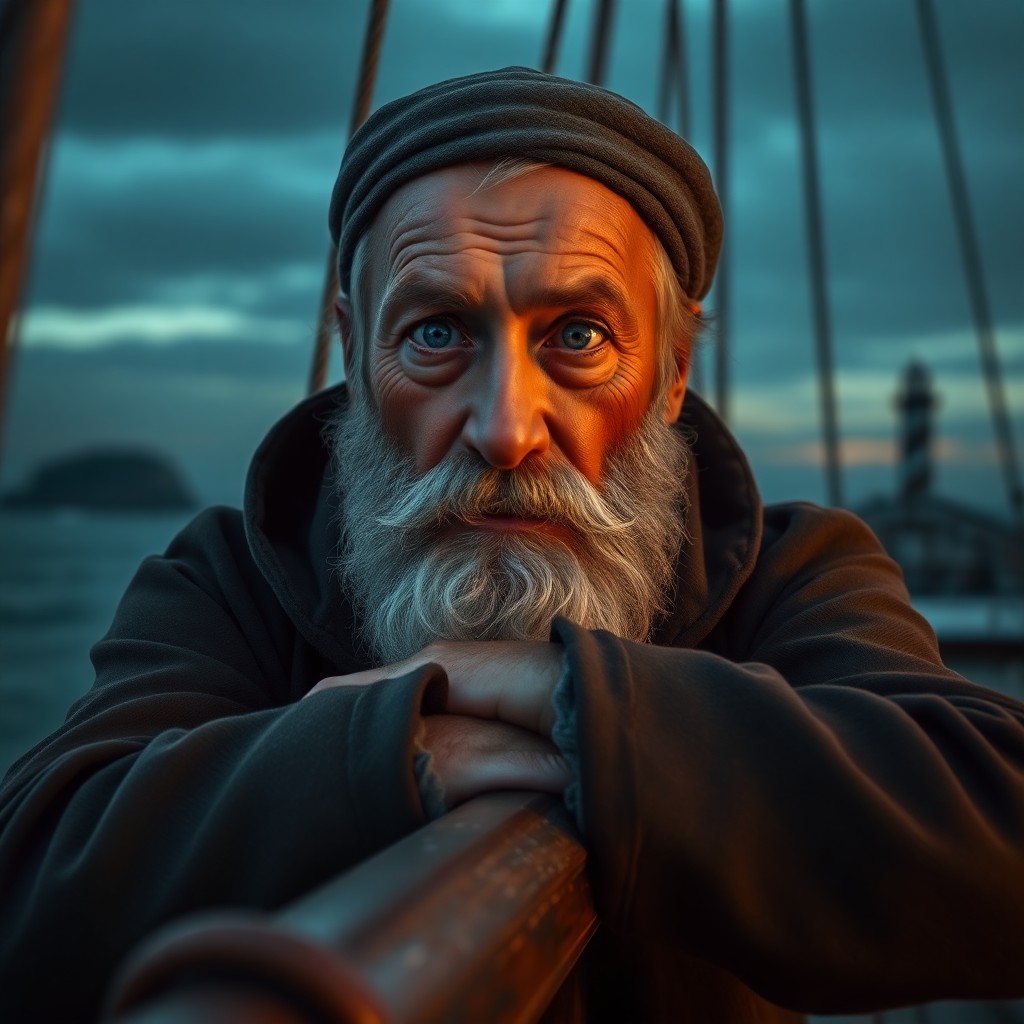 AI generated art for prompt: Craft a photorealistic portrait of an aged sailor with weathered skin and piercing blue eyes, remini