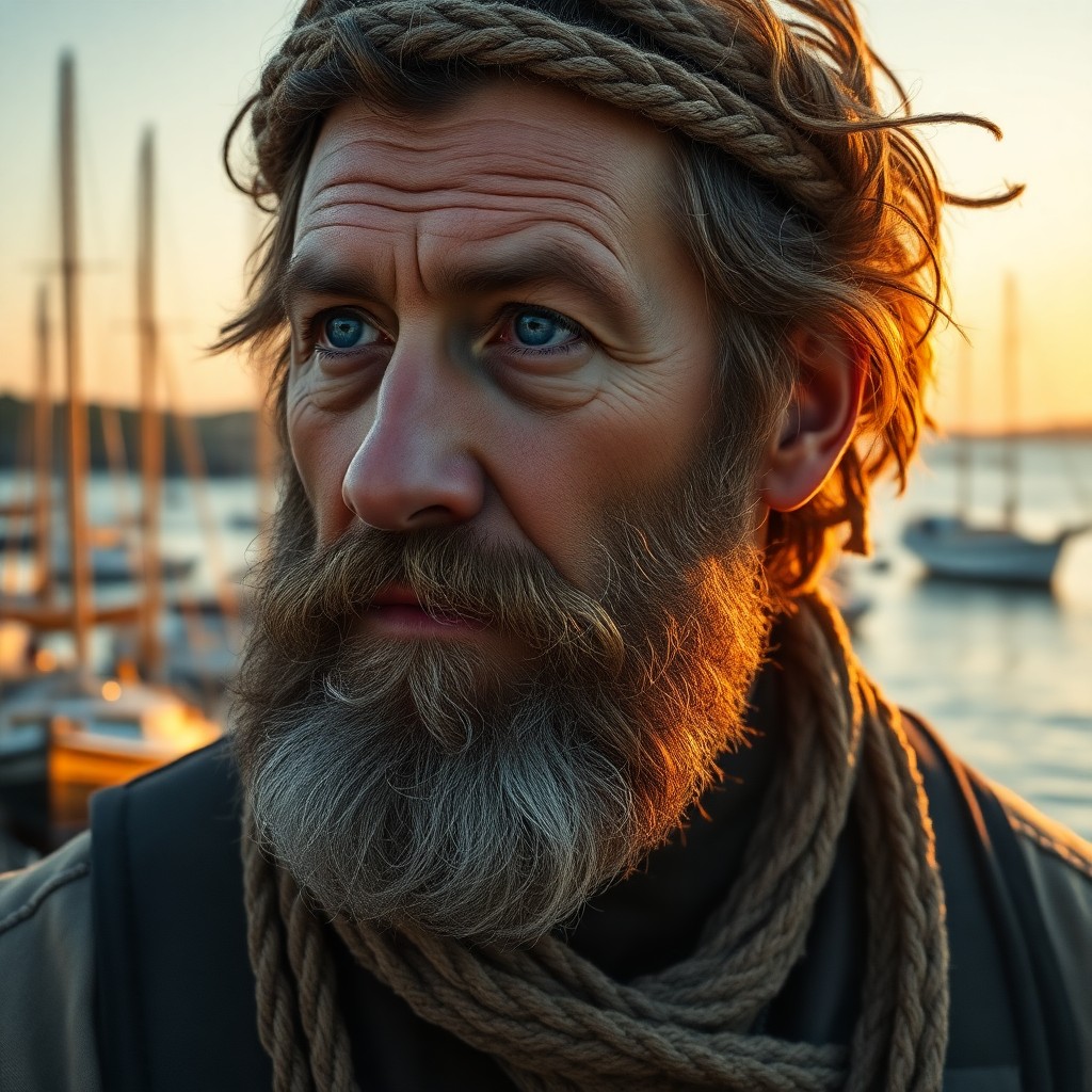 AI generated art for prompt: Imagine a photorealistic portrait of a rugged middle-aged man with a full beard and distant blue eye