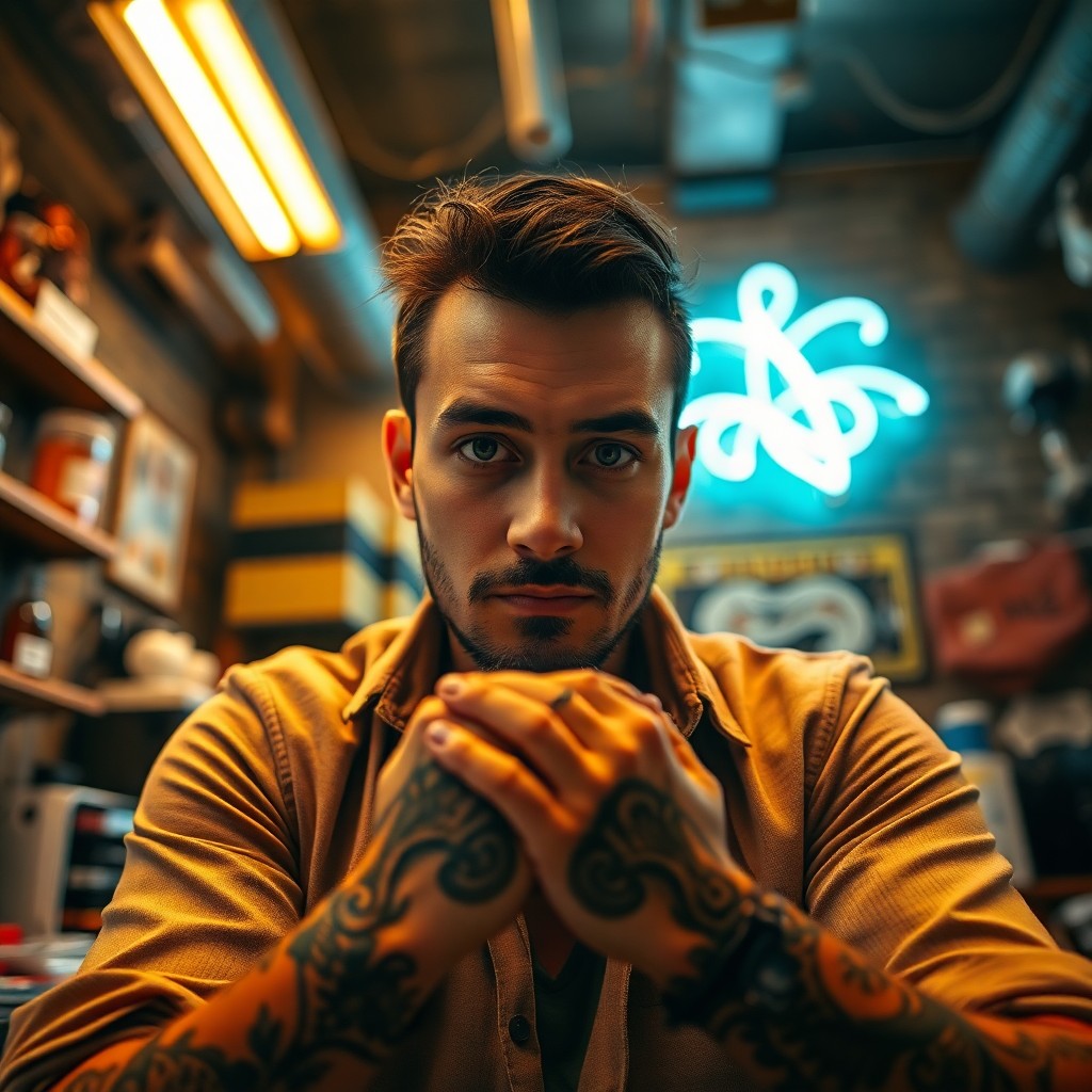 AI generated art for prompt: A low-angle portrait photograph captures a tattoo artist's enigmatic gaze amidst their bustling stud