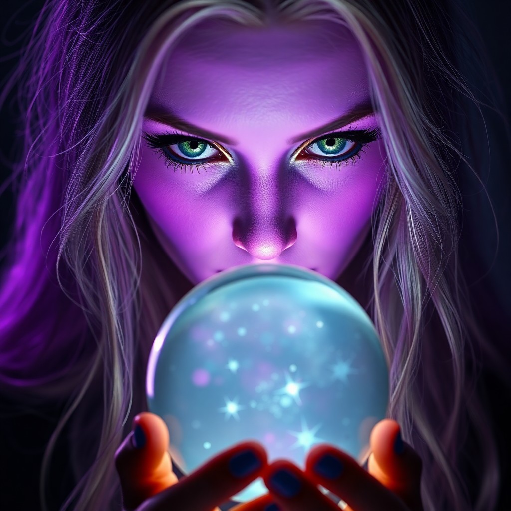 AI generated art for prompt: A hyper-realistic portrait depicts an enigmatic extraterrestrial fortune teller with luminescent pur