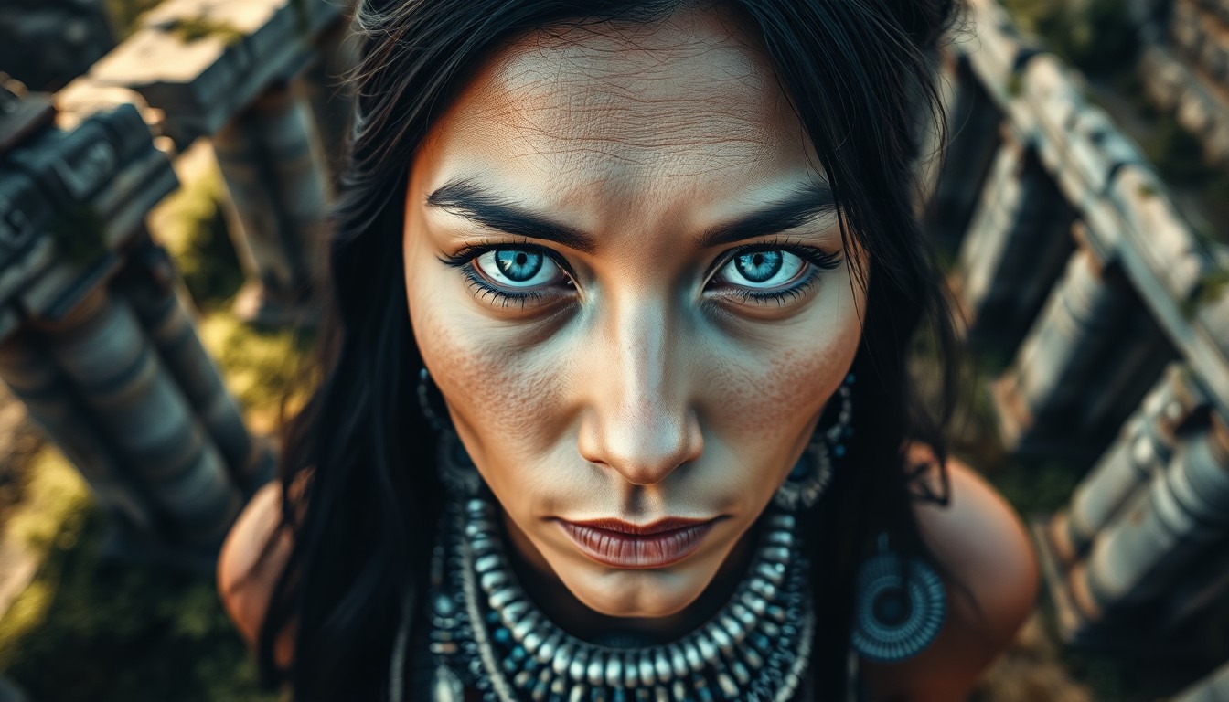 AI generated art for prompt: A captivating close-up portrait of an enigmatic Inuit woman with unfocused blue eyes and adorned in 