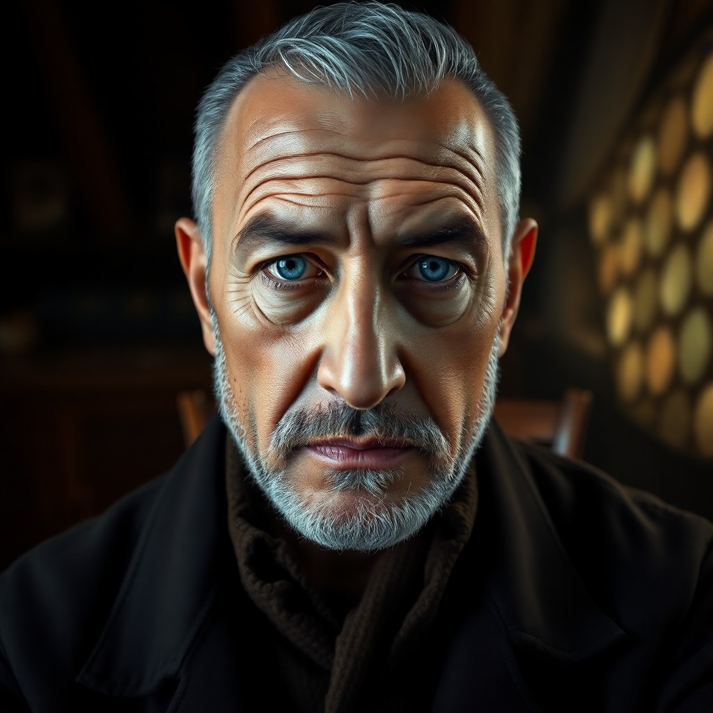 AI generated art for prompt: Craft a hyper-realistic portrait of an enigmatic middle-aged Central Asian man with calm blue eyes, 