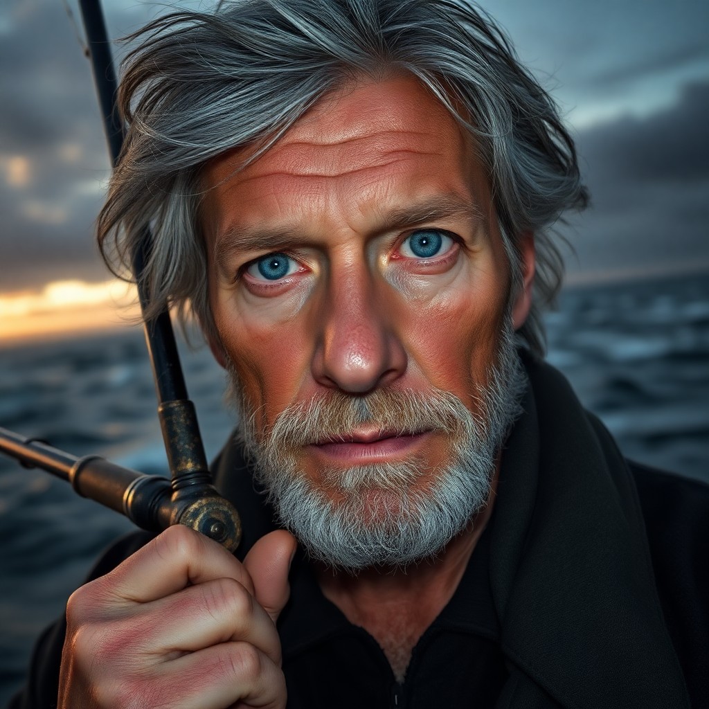 AI generated art for prompt: A photorealistic portrait captured with a mirrorless camera depicts an experienced fisherman standin