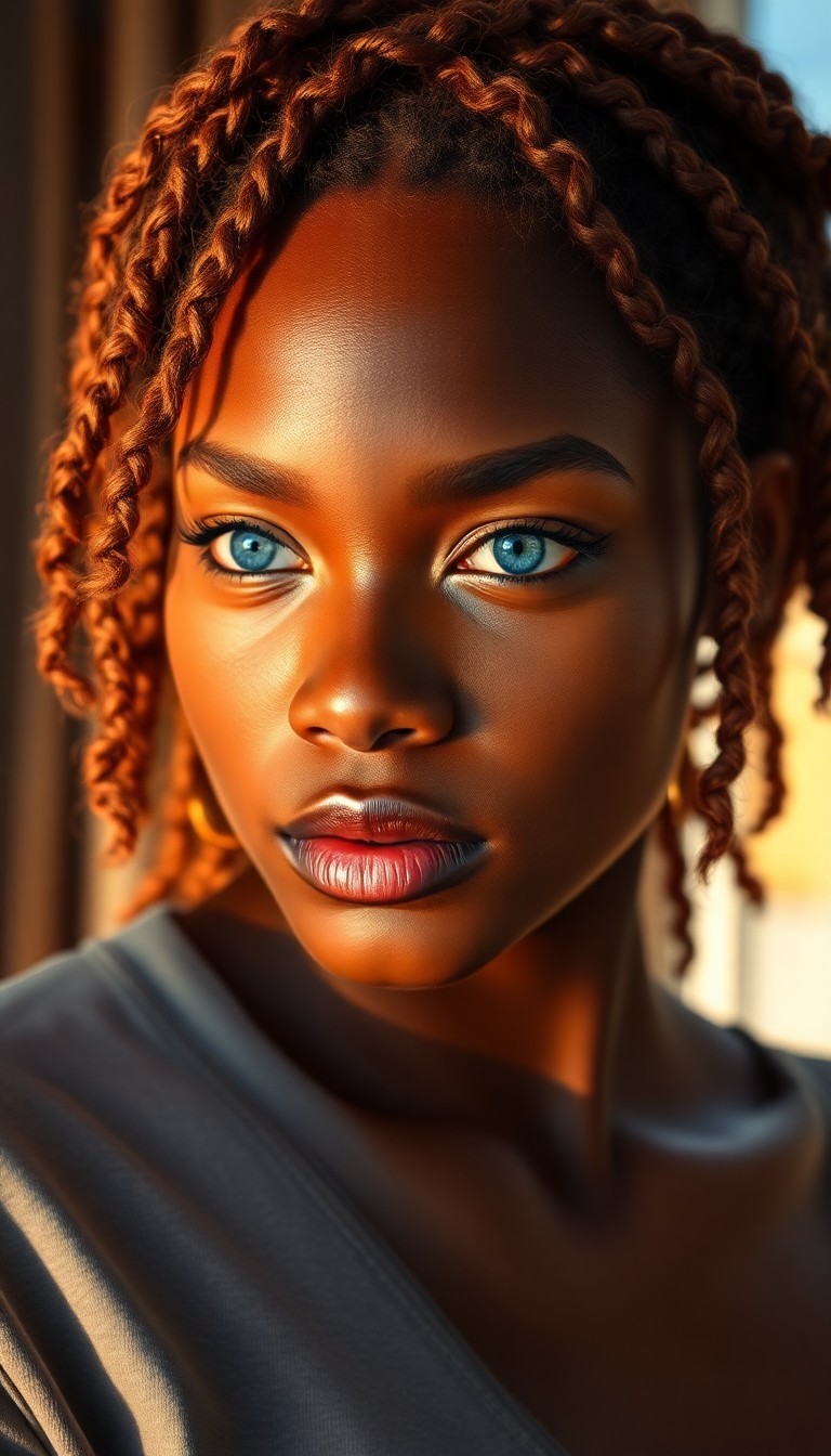 AI generated art for prompt: Craft an ultra-realistic portrait of a young Caribbean woman adorned with striking blue eyes and lus