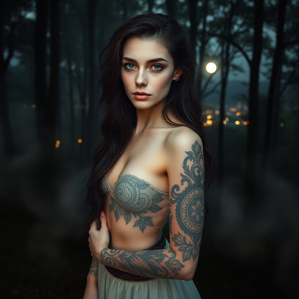 AI generated art for prompt: A porcelain-skinned Celtic woman with cascading dark hair stands at a forest's edge, her piercing ga