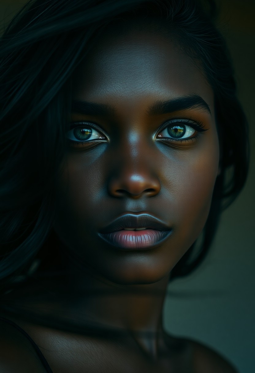 AI generated art for prompt: A photorealistic portrait of a young African woman with mesmerizing green eyes and flowing raven hai