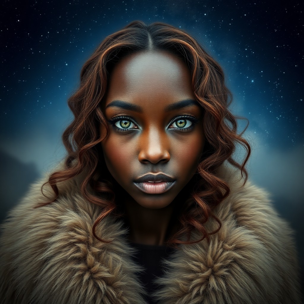 AI generated art for prompt: Craft a photorealistic portrait of an enigmatic Sub-Saharan African woman with kind green eyes and w