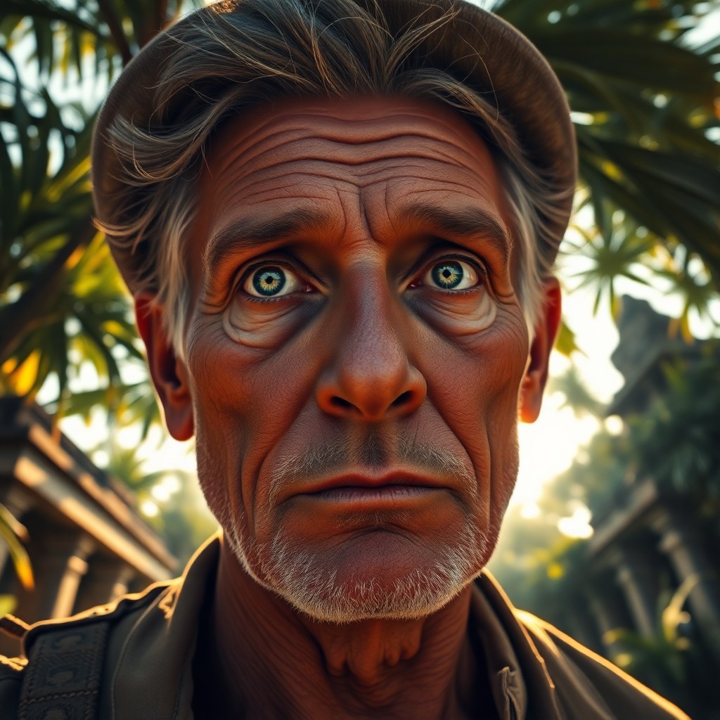 AI generated art for prompt: Craft a photorealistic portrait of an aged explorer with a rugged, lined visage and melancholic gree