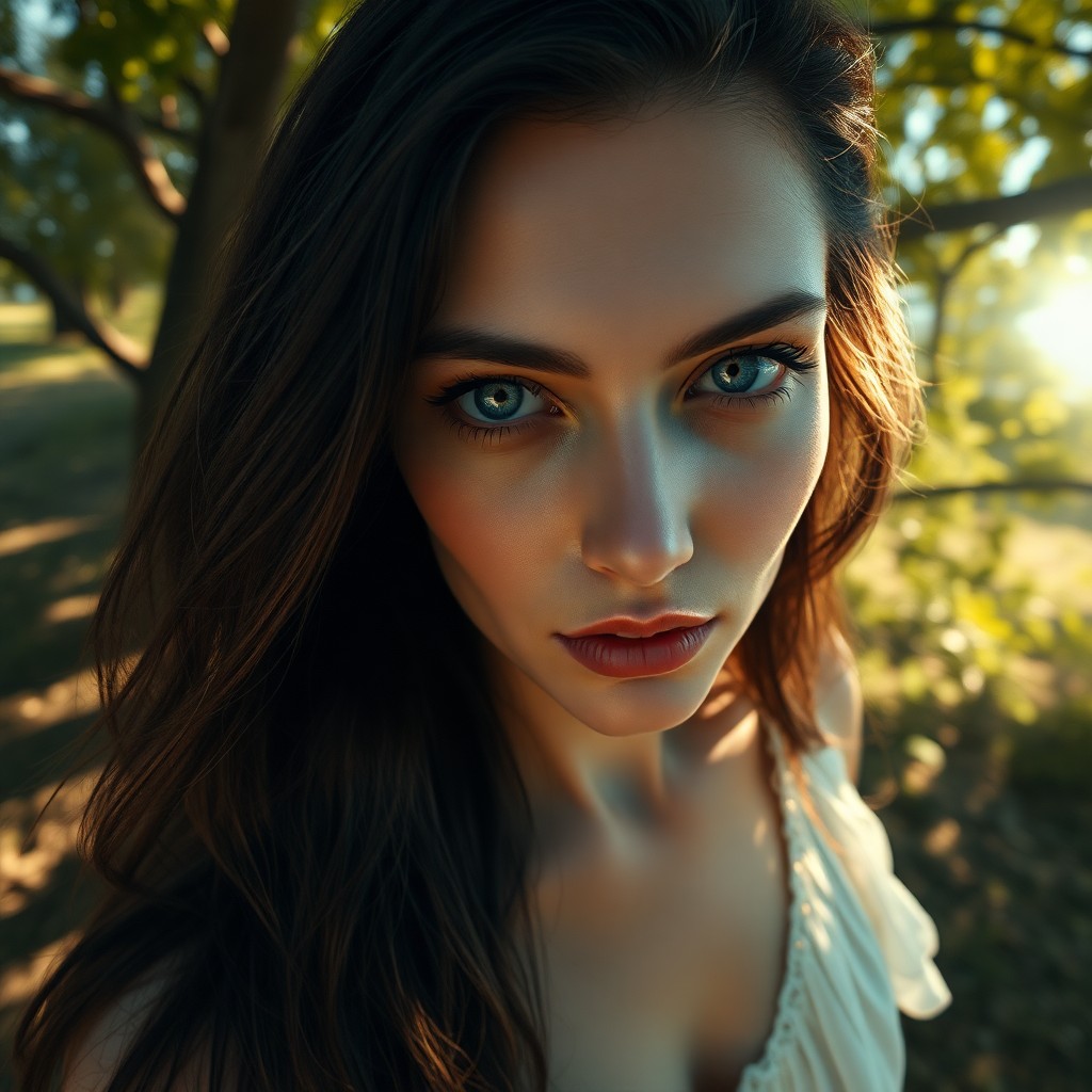 AI generated art for prompt: A captivating portrait of a mysterious Southern European woman, 35 years old, with melancholic blue 