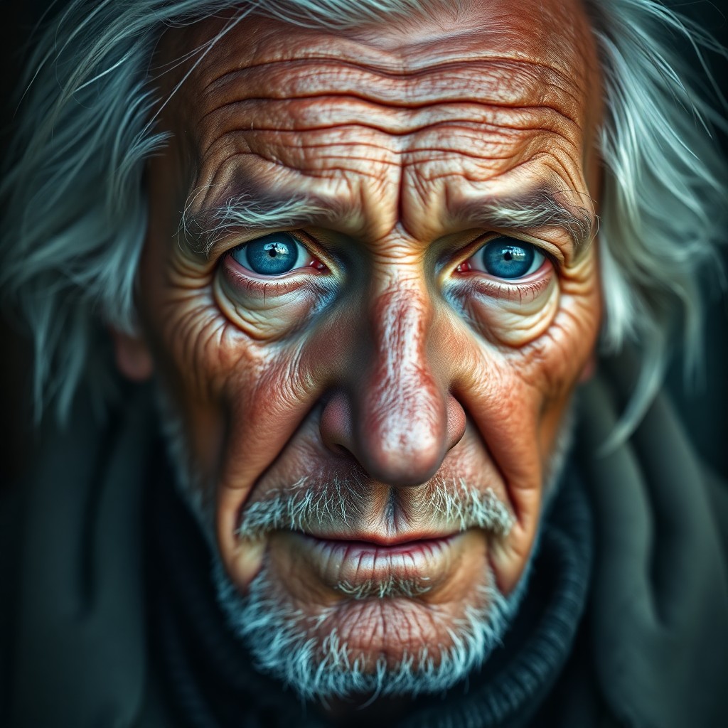 AI generated art for prompt: Imagine a highly detailed portrait of an elderly Nordic man with deep wrinkles, his wind-beaten face