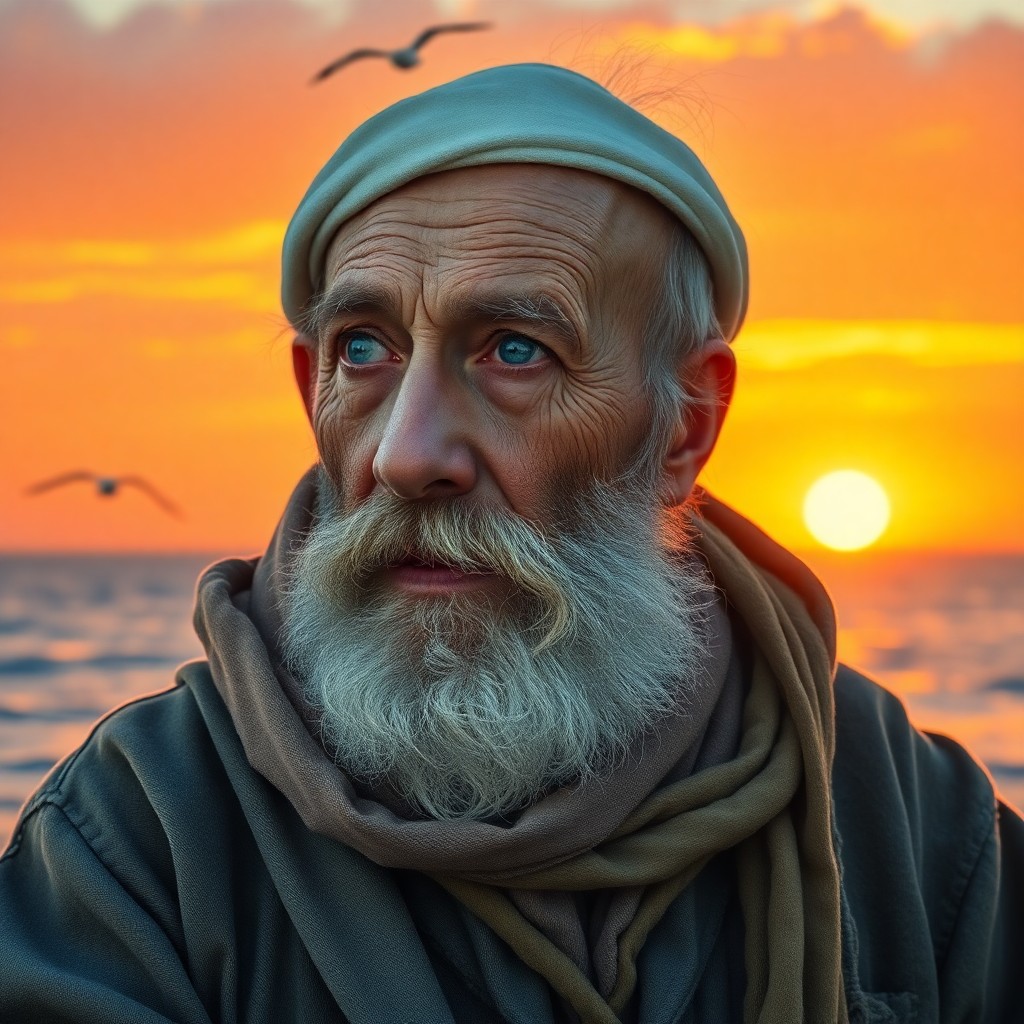 AI generated art for prompt: Craft a photorealistic portrait of an aged sailor with shabby-chic attire, warm blue eyes, rugged sk