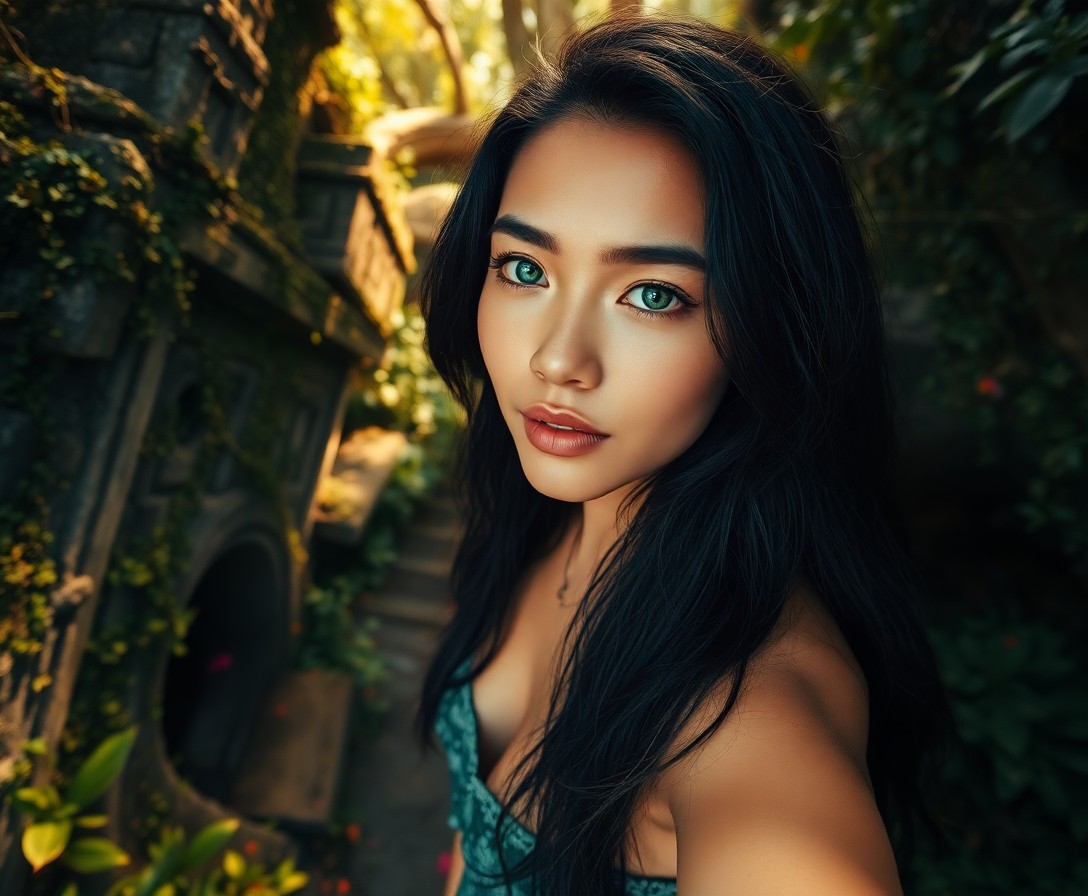 AI generated art for prompt: Envision an intimate portrait of a serene Pacific Islander woman with captivating green eyes and cas