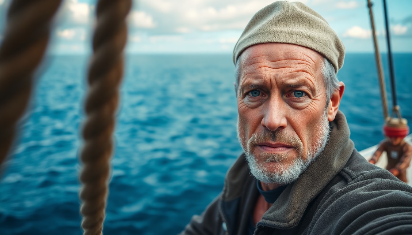 AI generated art for prompt: Craft a hyper-realistic portrait showcasing an experienced sailor with weathered skin and misty blue