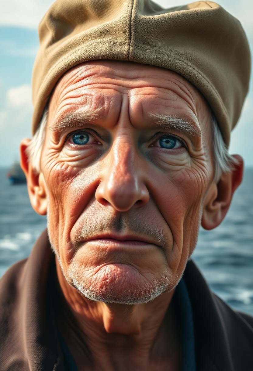 AI generated art for prompt: Craft a hyper-realistic portrait of an elderly sailor with weathered skin, showcasing his years at s