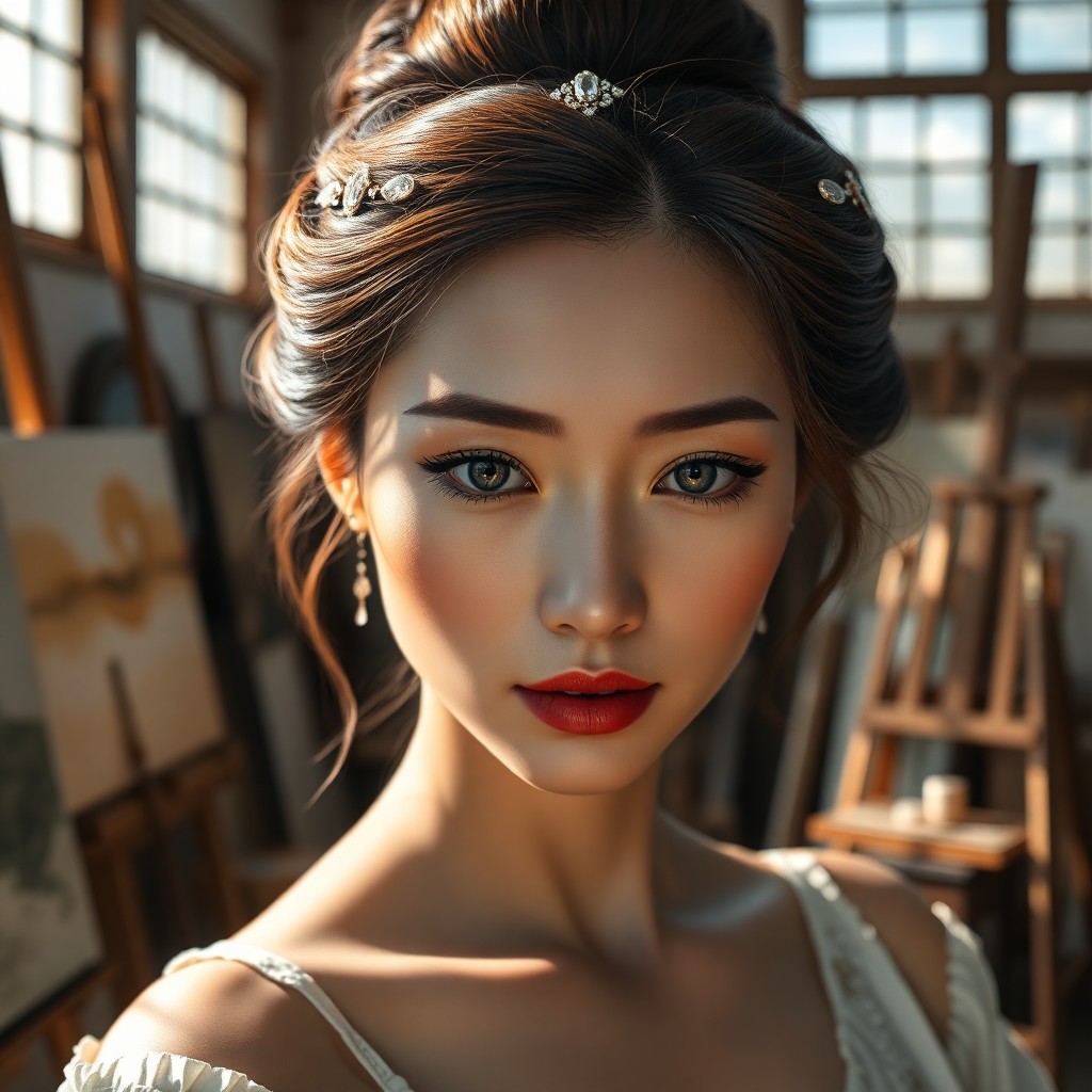 AI generated art for prompt: Craft a photorealistic portrait of a young East Asian woman with porcelain skin, full lips, delicate