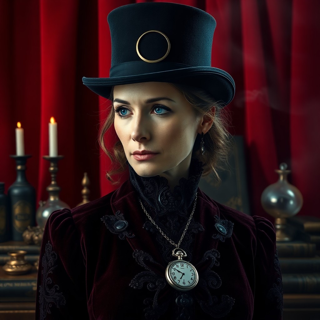 AI generated art for prompt: Craft an intricate photorealistic portrait of a skilled illusionist in a Victorian-inspired setting.