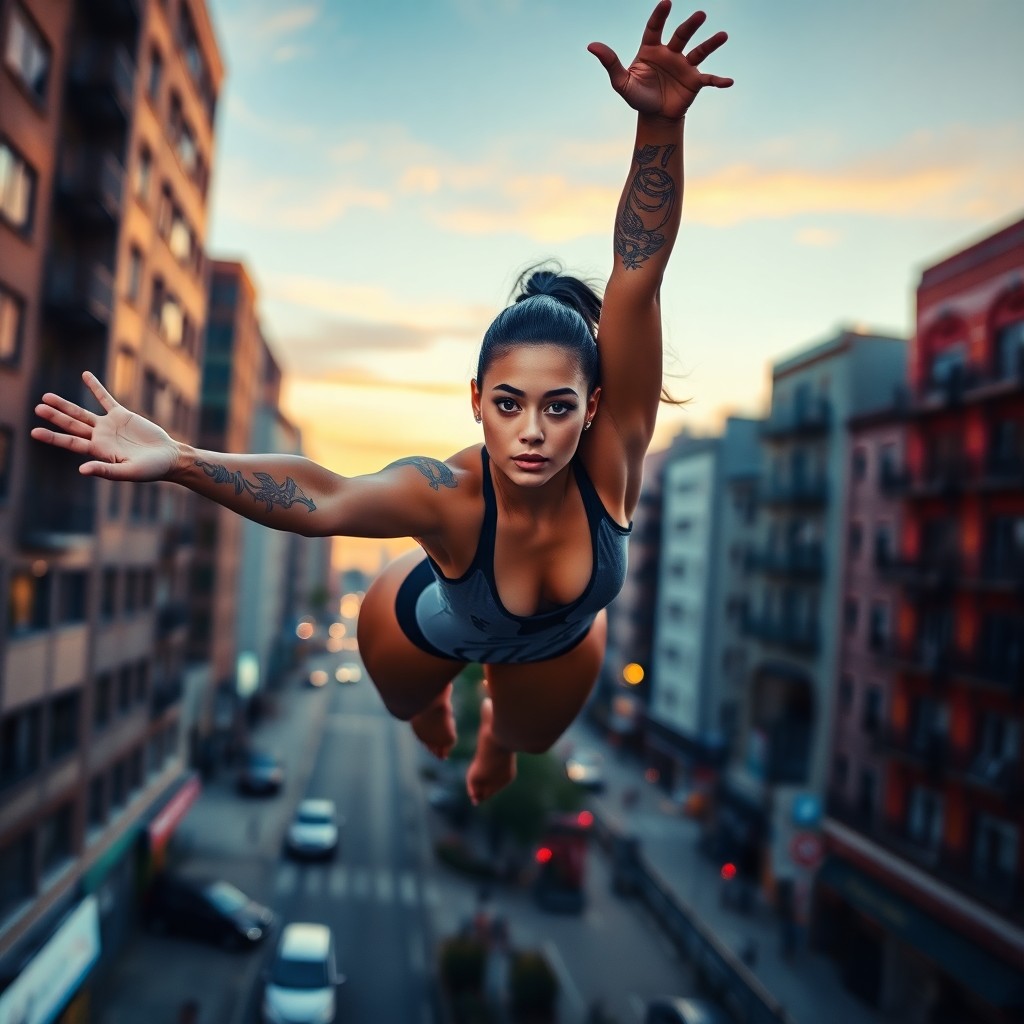 AI generated art for prompt: A captivating photorealistic portrait captures a skilled acrobat in mid-leap, her tanned arms adorne