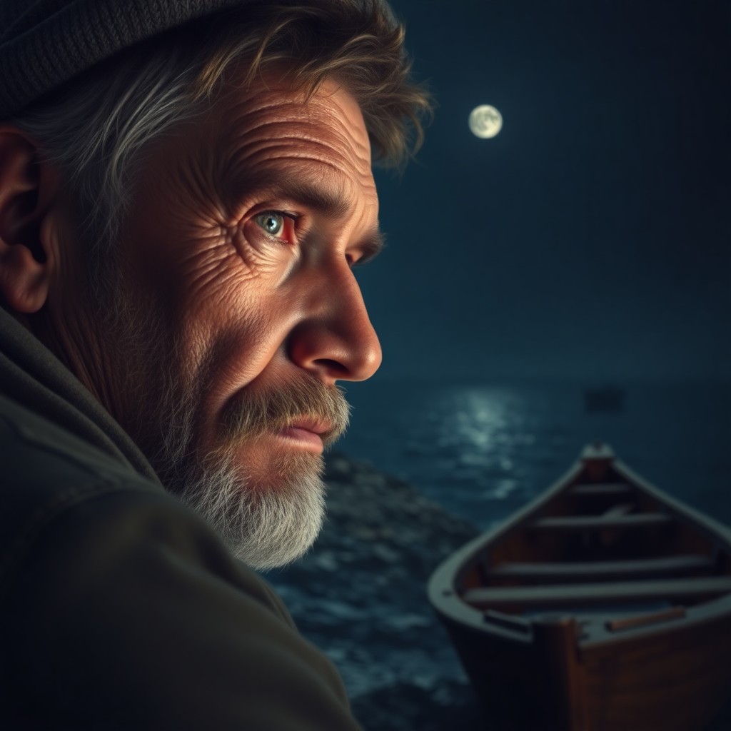 AI generated art for prompt: Hyperrealistically capture a stoic fisherman's introspective gaze, his weathered features illuminate