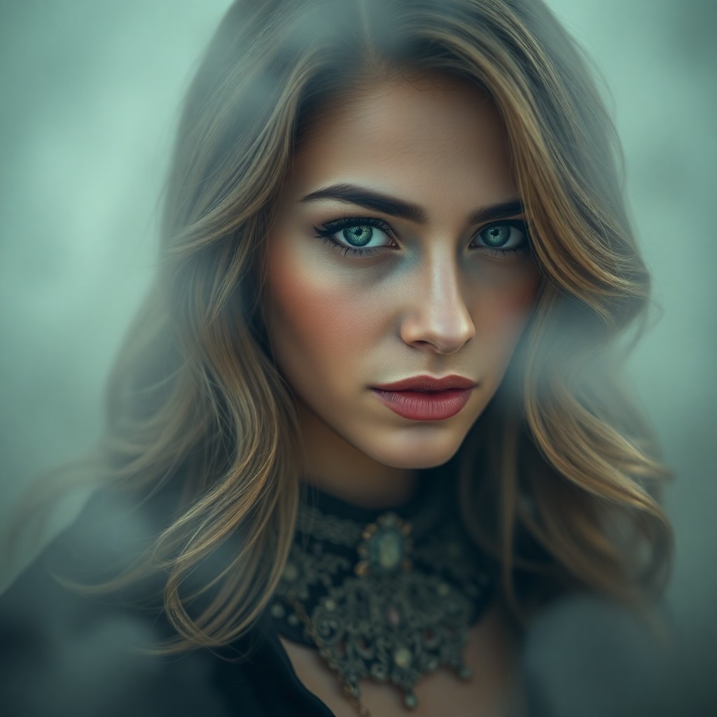 AI generated art for prompt: Craft a photorealistic portrait of a mysterious Middle Eastern woman with captivating emerald eyes a