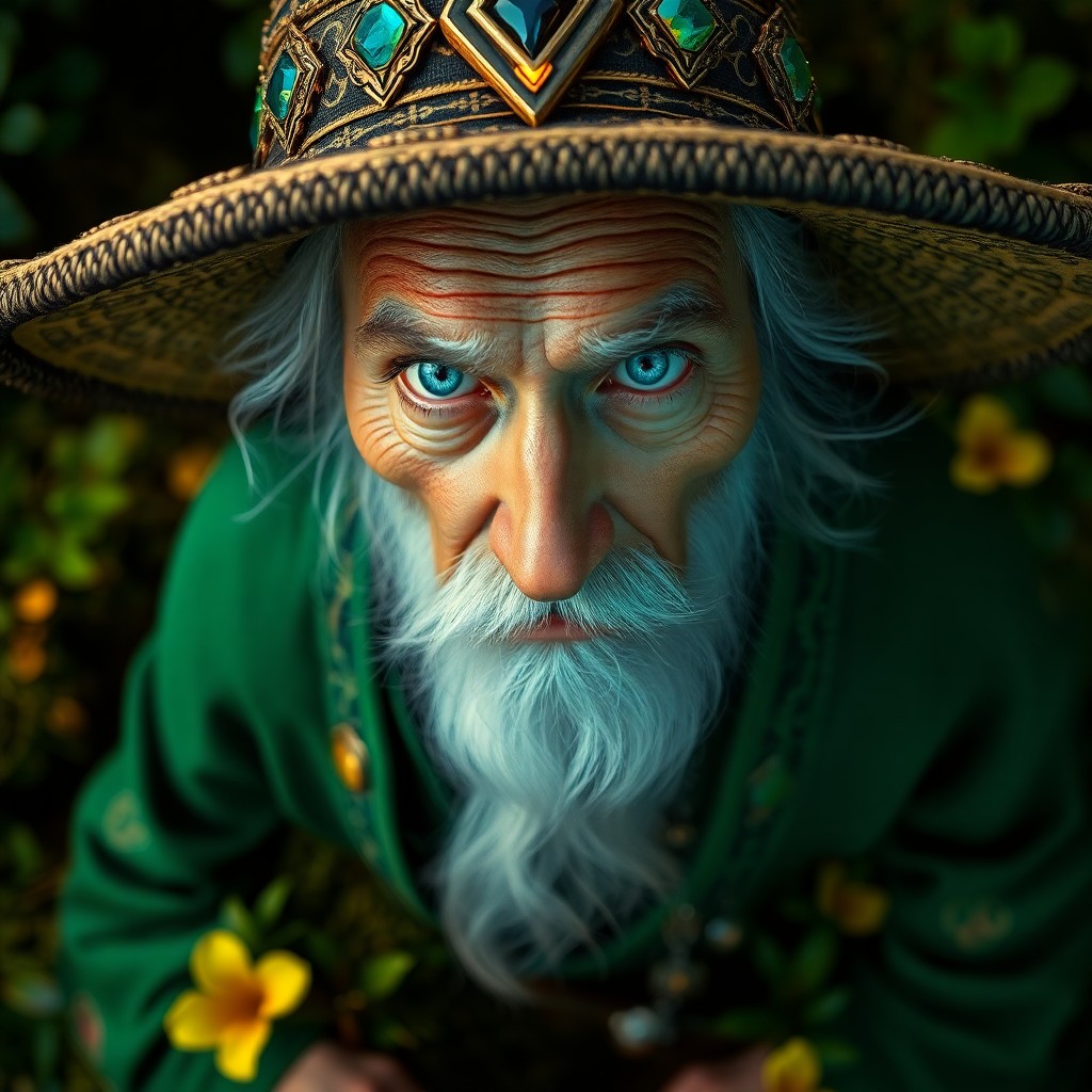 AI generated art for prompt: Create a captivating hyperrealistic portrait of an aged Central Asian wizard with piercing azure eye