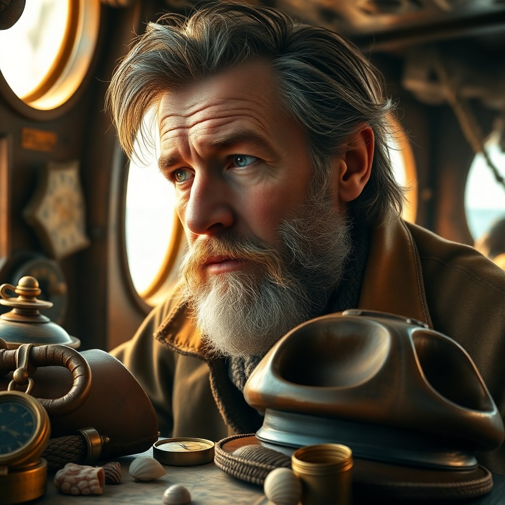 AI generated art for prompt: Generate a super-realistic portrait featuring an intimate close-up of a seasoned sea captain with ru