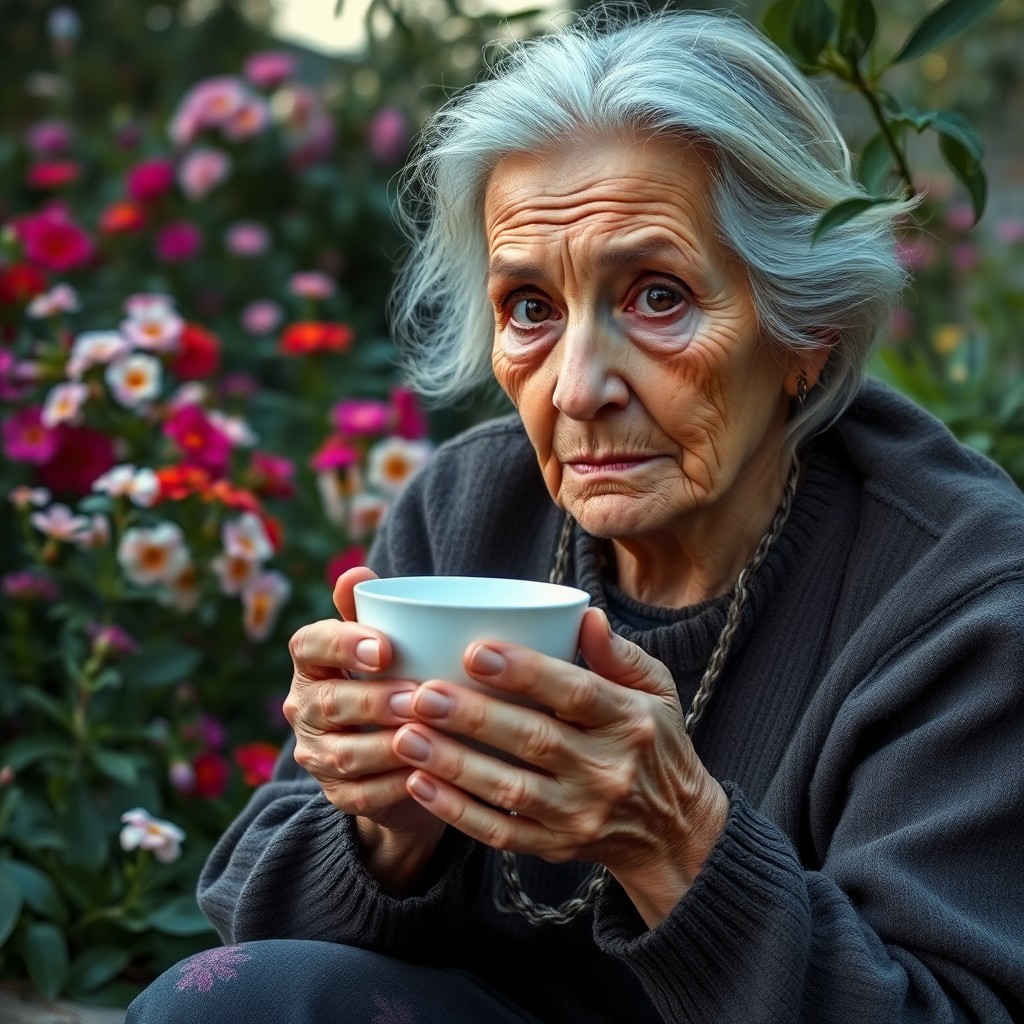 AI generated art for prompt: Craft a photorealistic portrait depicting an elderly Mediterranean woman's contemplative expression 