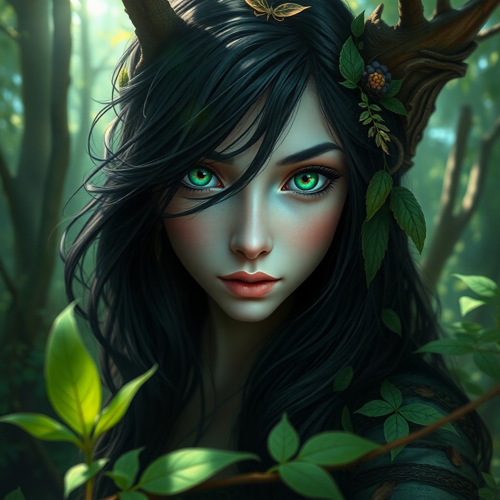 AI generated art for prompt: Craft a captivating digital painting portraying an enigmatic forest guardian with emerald green eyes