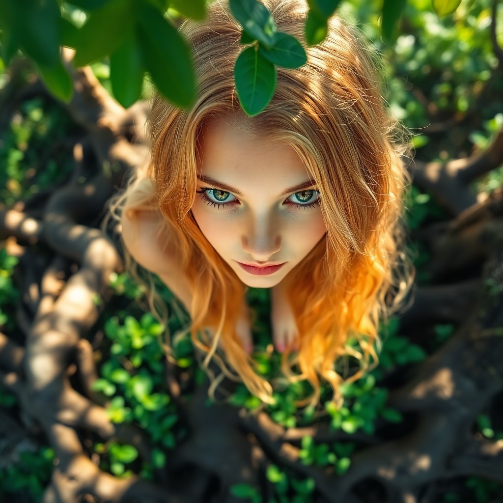 AI generated art for prompt: Craft a photorealistic portrait showcasing an enchanting forest dweller with sun-kissed skin and cas